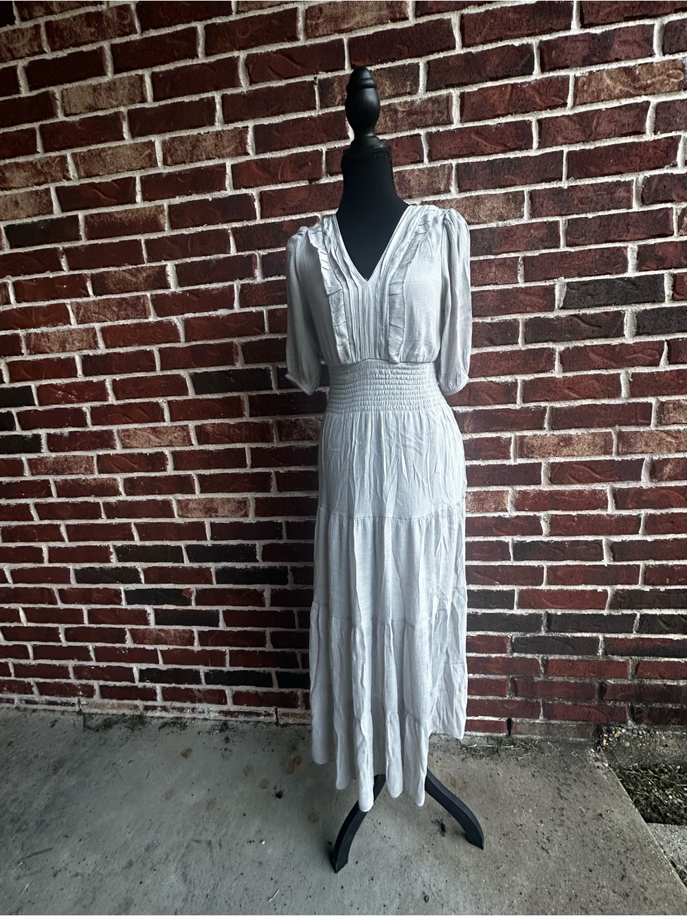 Grey V-Neck Smocked Waist Maxi Dress